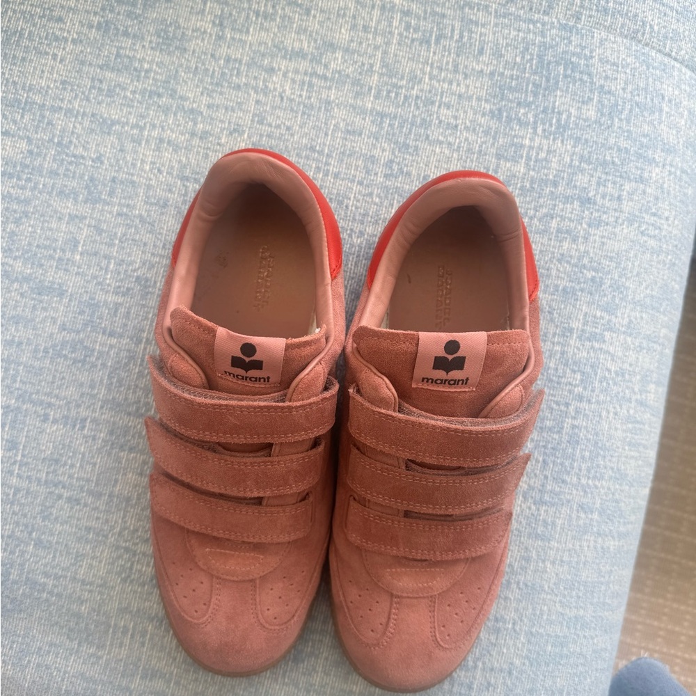 Worn ONCE like new Isabel Marant Pink Suede Velcro Sneakers with Red Accent - Picture 5 of 7